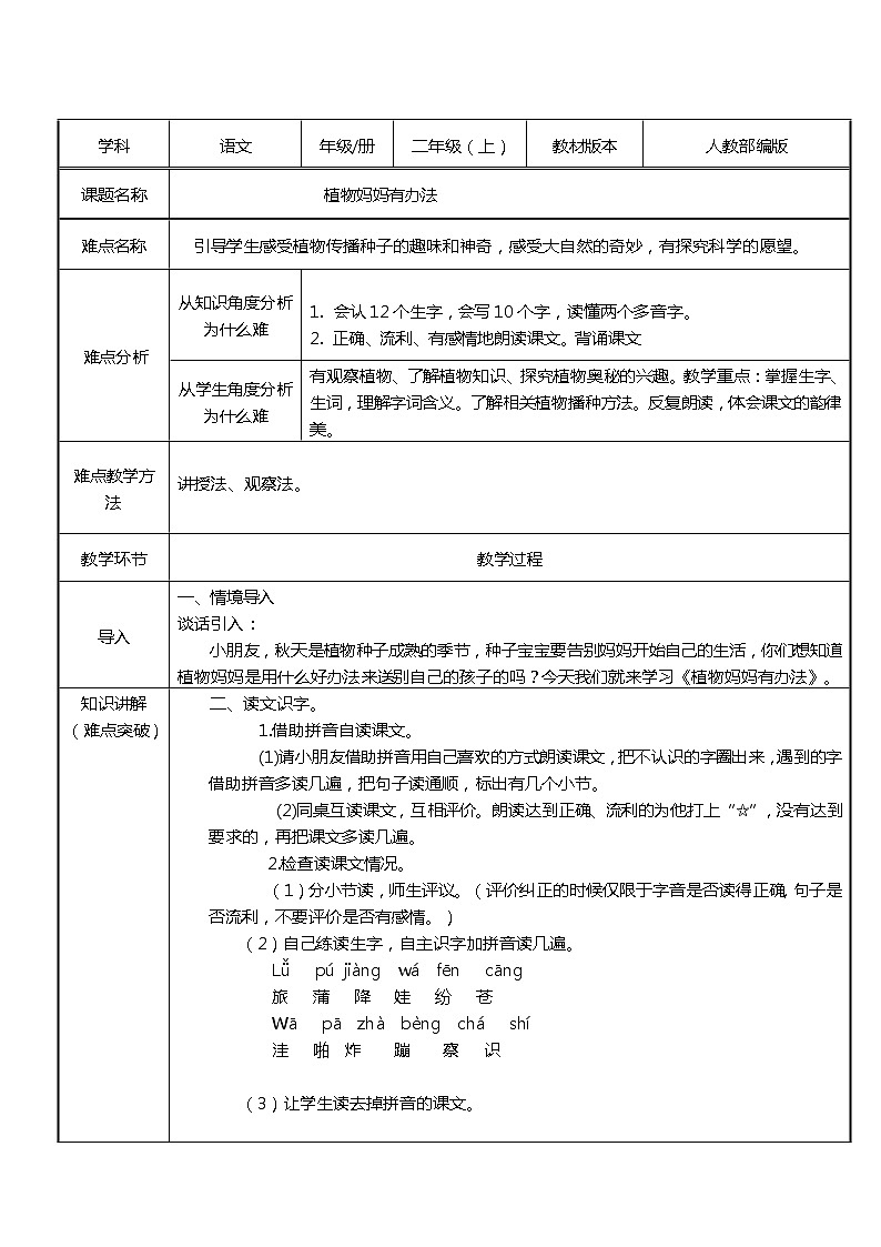 人教部编版语文二年级上册课文（一）3.课件植物妈妈有办法   教案01
