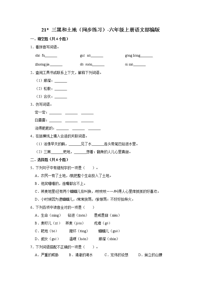 部编版六年级上册语文21 三黑和土地（同步练习）01