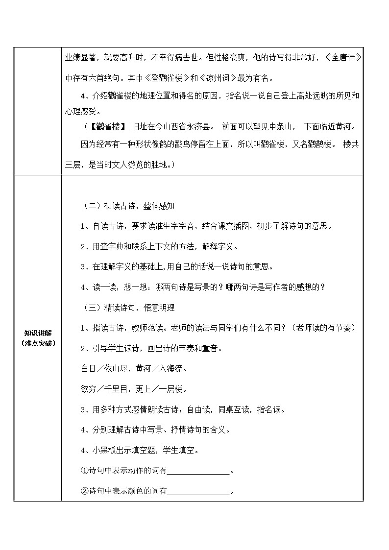 人教部编版语文二年级上册课文（三）8.古诗二首——登鹳雀楼  教案第2页