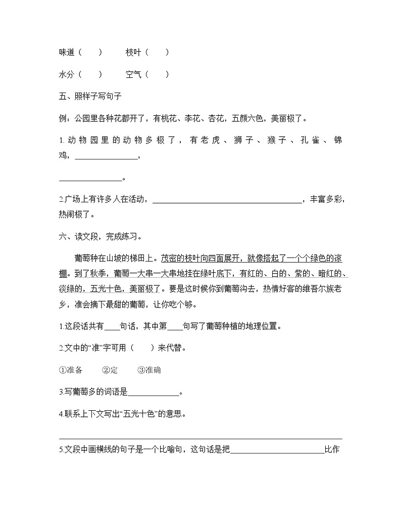 二年级上册语文部编版课时练课文（三）第11课《葡萄沟》03（含答案）02