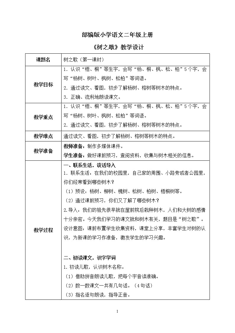 部编版语文二年级上册《树之歌》第一课时PPT课件+教案01