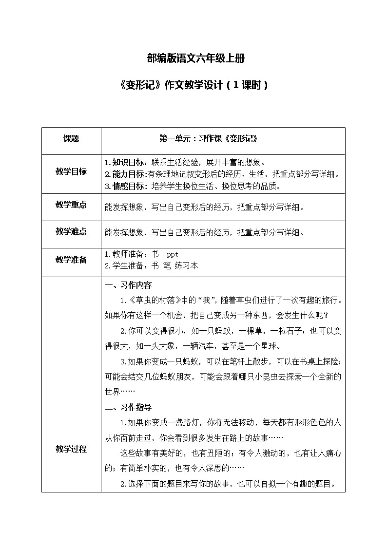 部编版6上语文习作《变形记》作文课件PPT+教案01