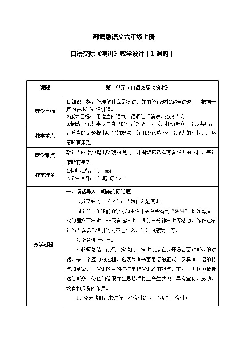 部编版6上语文口语交际《演讲》课件PPT+教案01