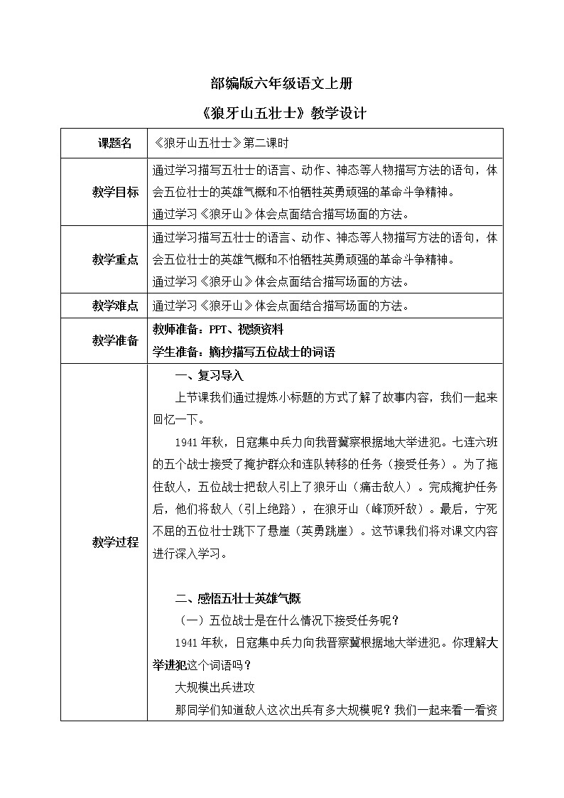 部编版6年级语文6《狼牙山五壮士》第二课时ppt+教案01