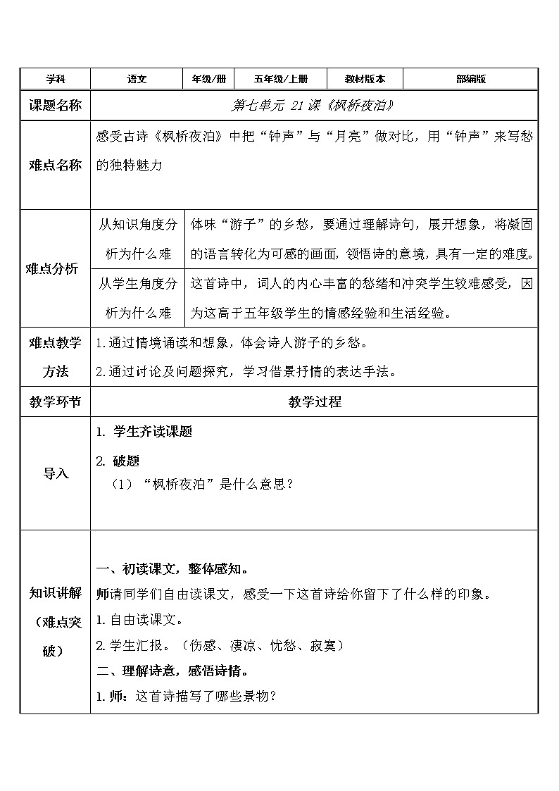 人教部编版语文五年级上册22.古诗三首——枫桥夜泊  教案01