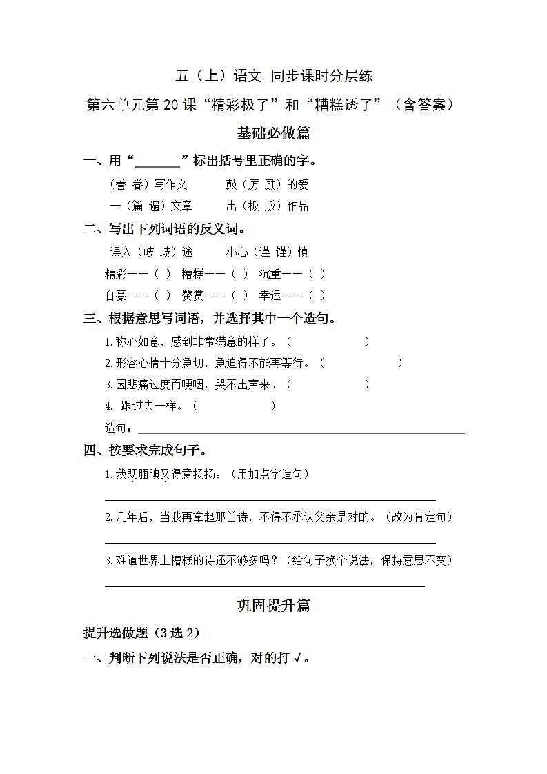 6.20“精彩极了”和“糟糕透了”-5上语文（部编版）同步课时分层课时练01