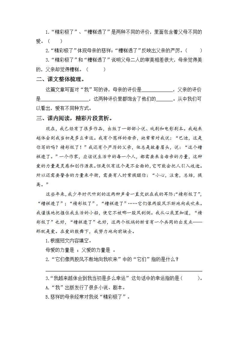 6.20“精彩极了”和“糟糕透了”-5上语文（部编版）同步课时分层课时练02