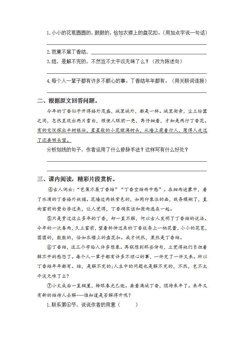 1.2丁香结-6上语文（部编版）同步课时分层课时练第2页