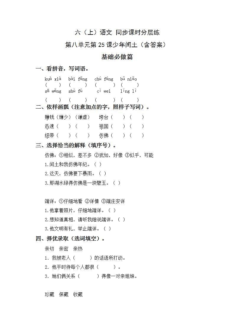 8.25少年闰土-6上语文（部编版）同步课时分层课时练第1页