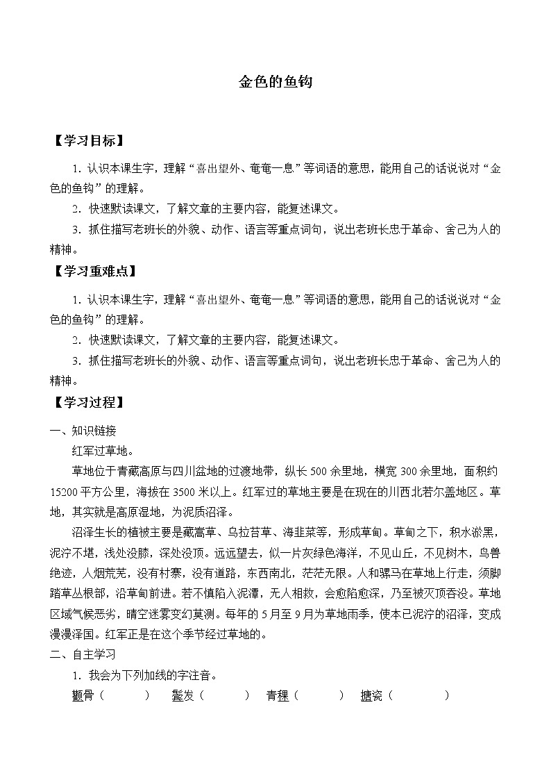 人教部编版语文六年级上册15.金色的鱼钩  学案3第1页