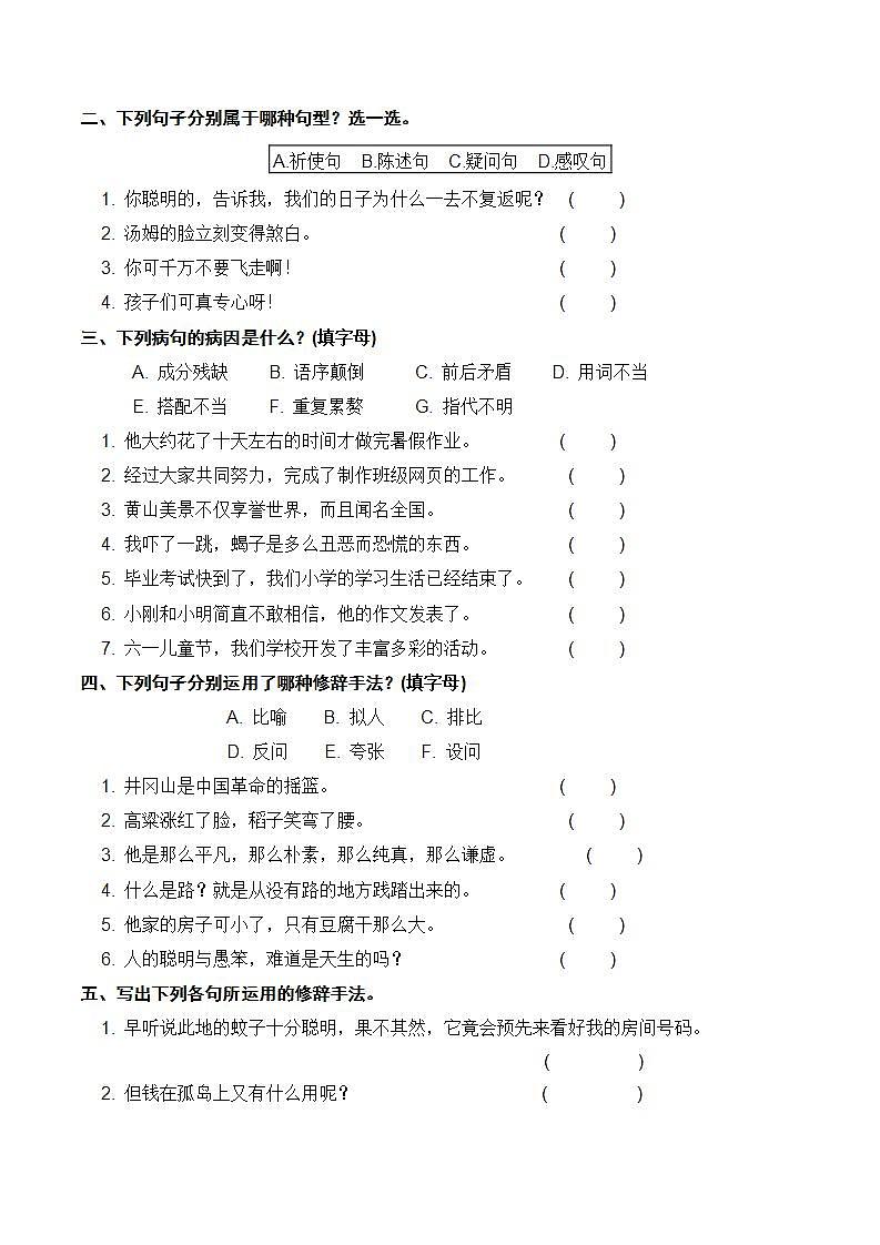 人教部编版 小升初语文专项复习 句子（含答案） 练习03