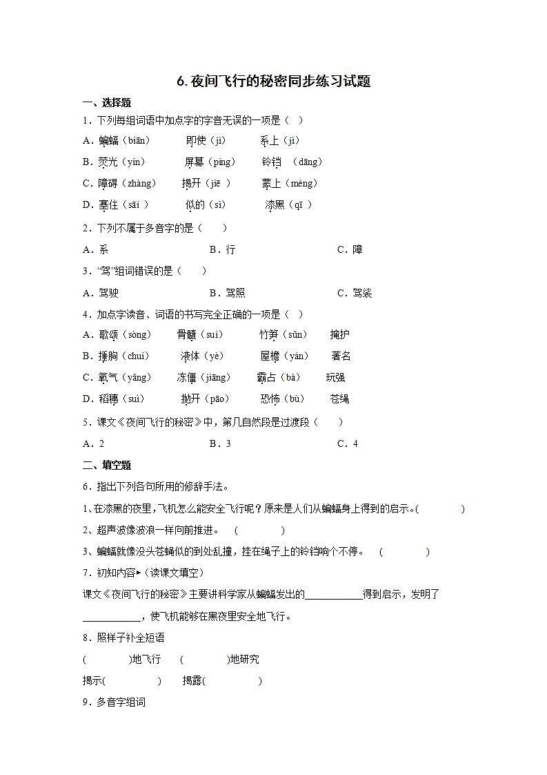6.夜间飞行的秘密同步练习试题第1页