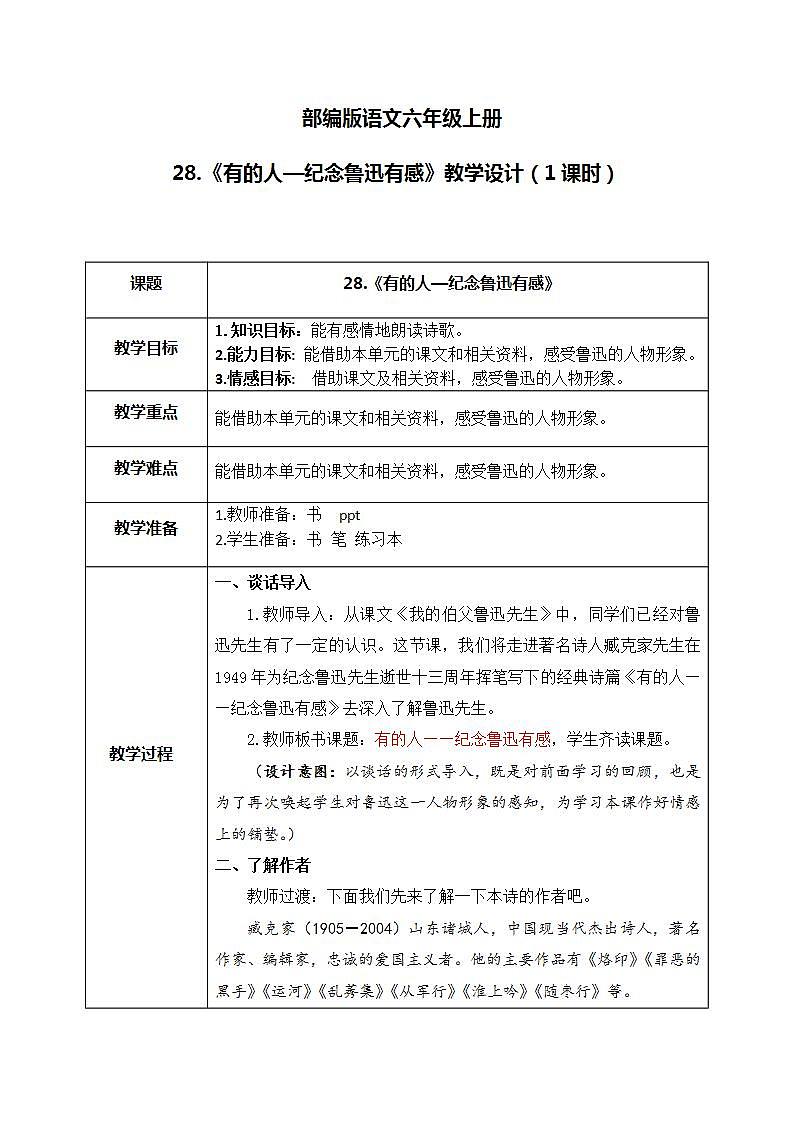 部编版6上语文28《有的人—纪念鲁迅有感》PPT课件+教案01
