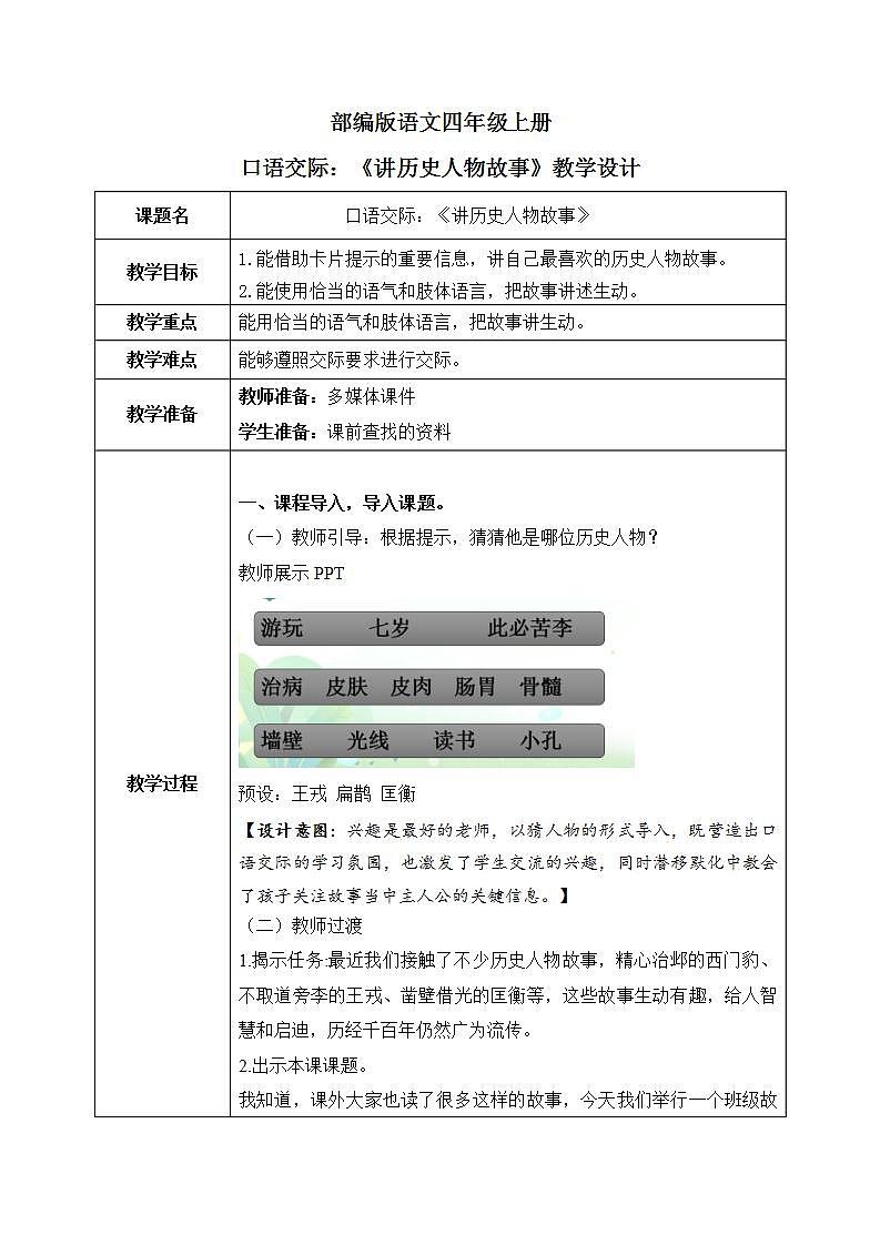 部编版语文四上口语交际：《讲历史人物故事》教学设计第1页