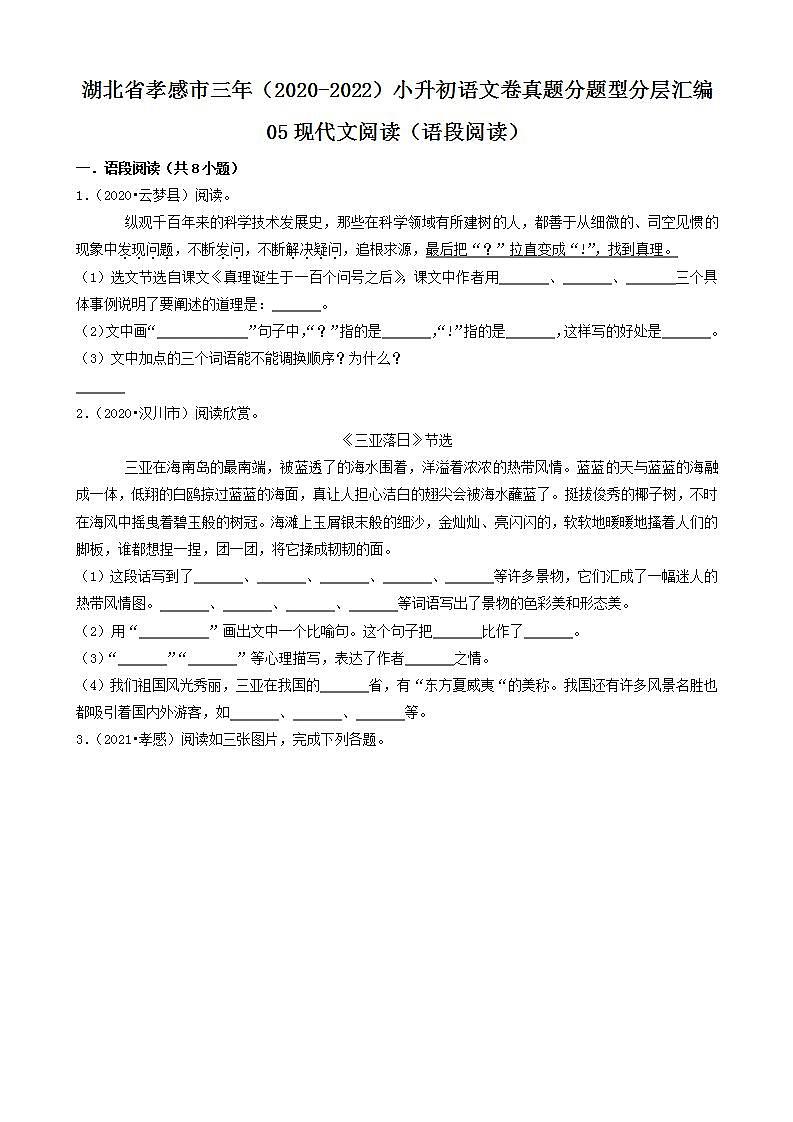 湖北省孝感市三年（2020-2022）小升初语文卷真题分题型分层汇编-05现代文阅读（语段阅读）第1页