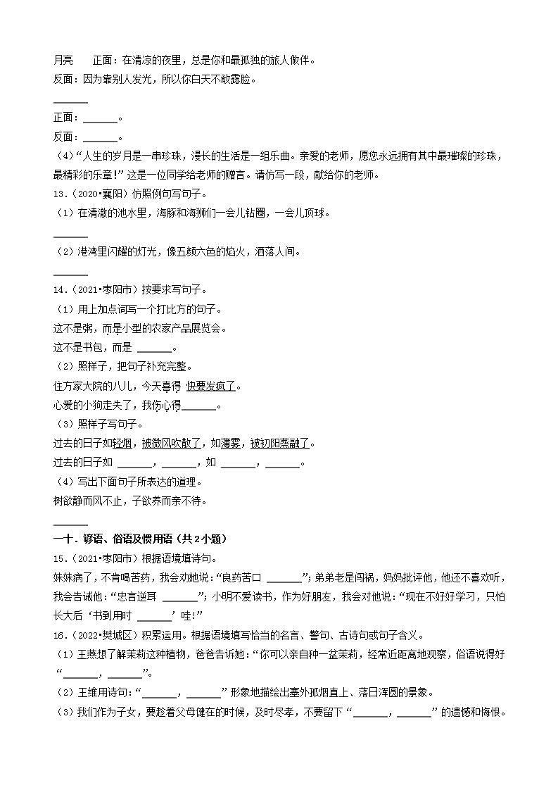 湖北省襄阳市三年（2020-2022）小升初语文卷真题分题型分层汇编-02填空题03