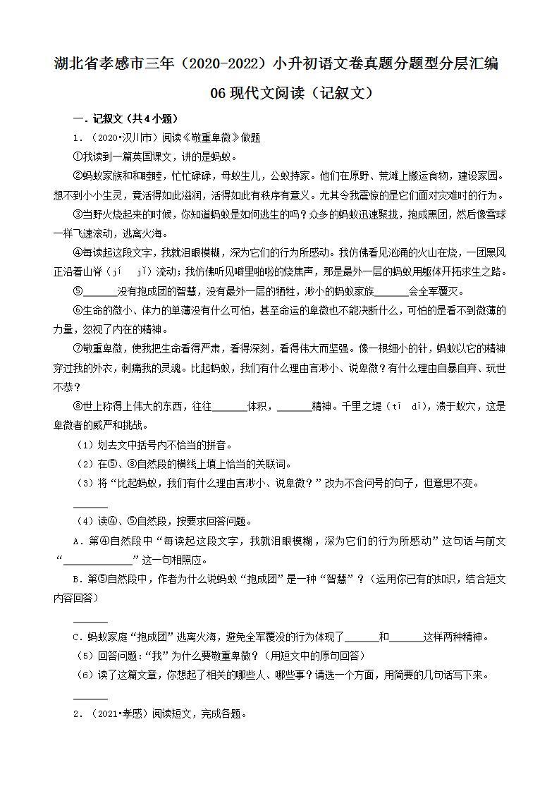 湖北省孝感市三年（2020-2022）小升初语文卷真题分题型分层汇编-06现代文阅读（记叙文）01