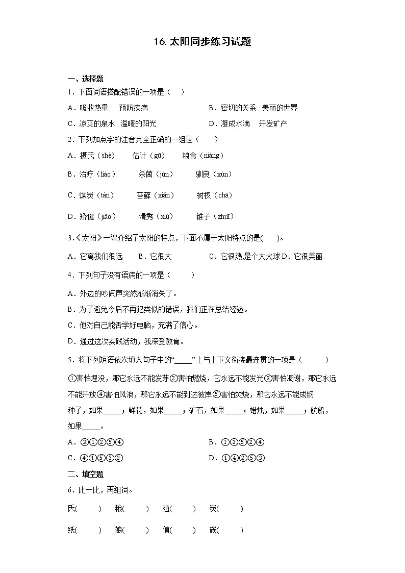 16.太阳同步练习试题-2022-2023学年部编版语文五年级上册01