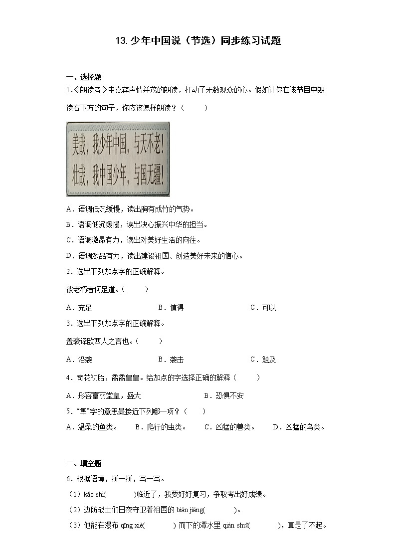 13.少年中国说（节选）同步练习试题-2022-2023学年部编版语文五年级上册01