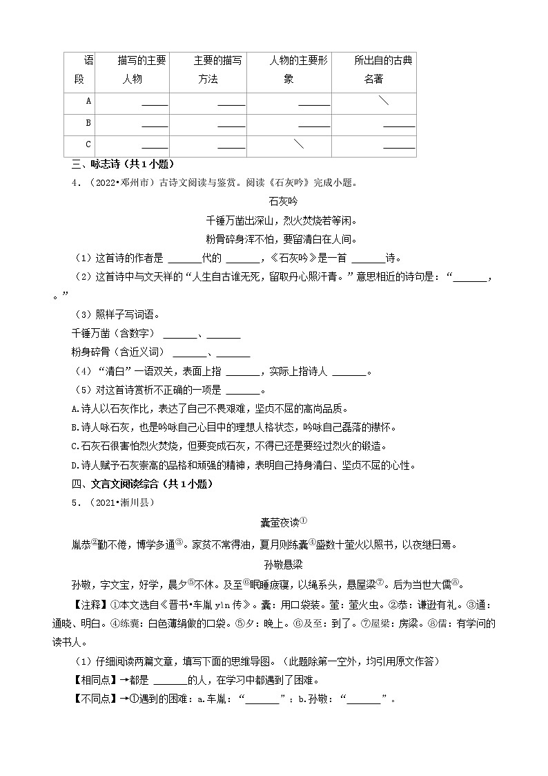 河南省南阳市三年（2020-2022）小升初语文卷真题分题型分层汇编-08现代文阅读（议论文、小说）&古诗&文言文阅读03