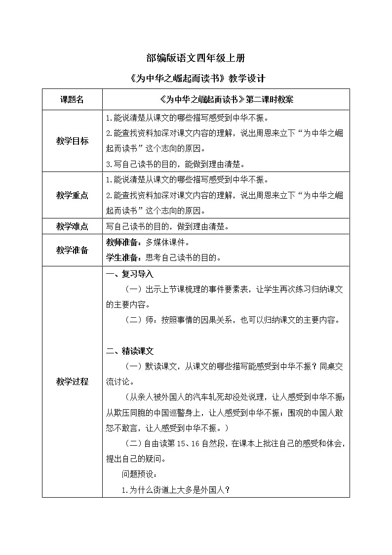 部编版语文四年级上册《为中华之崛起而读书》第二课时课件PPT+教案01