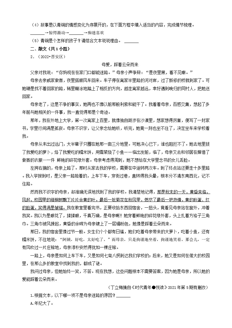 福建省福州市三年（2020-2022）小升初语文卷真题分题型分层汇编-07现代文阅读（小说、散文）&文言文阅读&古诗文赏析03