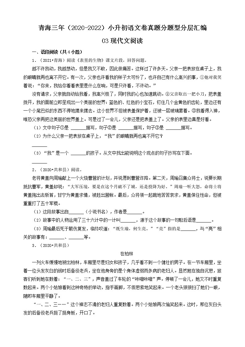青海三年（2020-2022）小升初语文卷真题分题型分层汇编-03现代文阅读01
