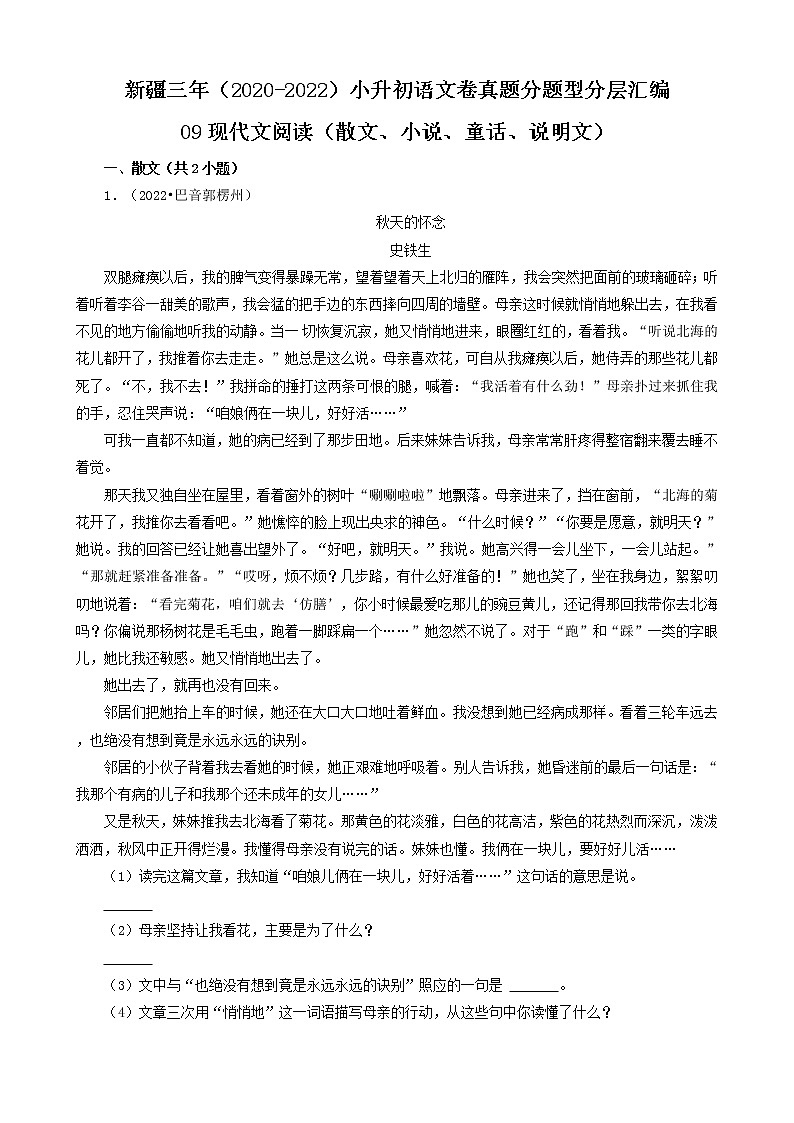 新疆三年（2020-2022）小升初语文卷真题分题型分层汇编-09现代文阅读（散文、小说、童话、说明文）第1页