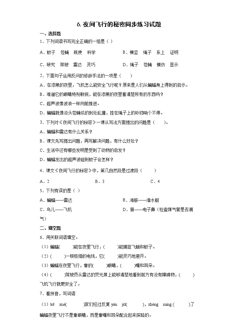 6.夜间飞行的秘密同步练习试题-2022-2023学年部编版语文四年级上册01