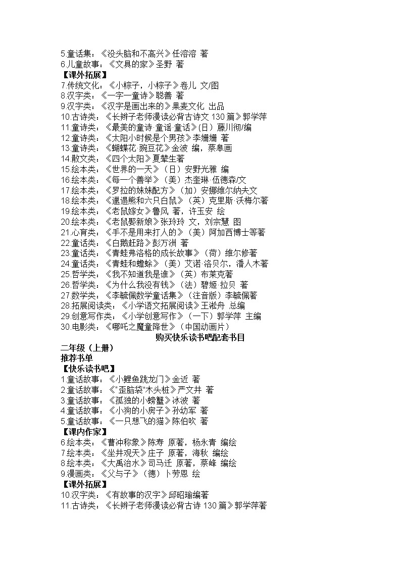 小学生暑假阅读书单（1-6年级教材配套）第2页