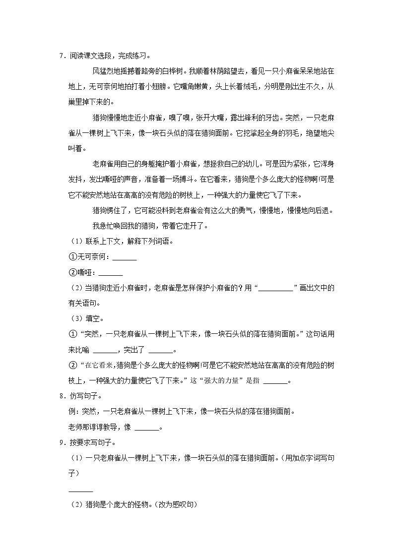 （培优篇）部编版四年级同步分层作业16+麻雀02