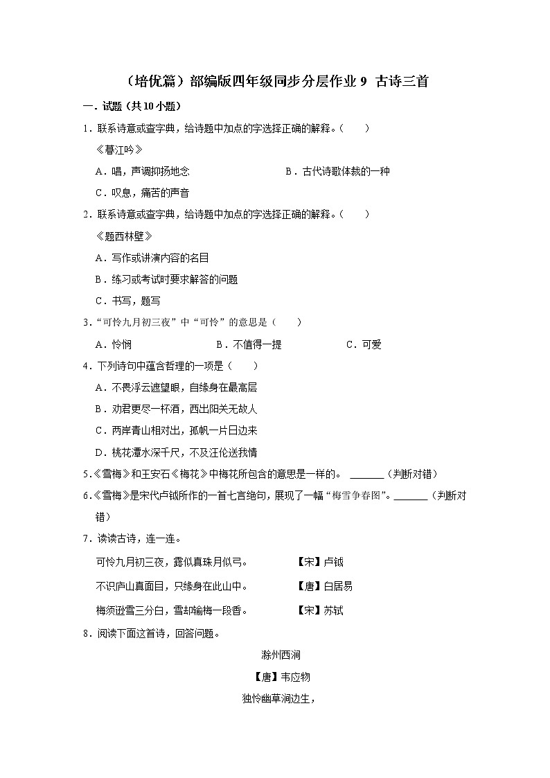 （培优篇）部编版四年级同步分层作业9+古诗三首01
