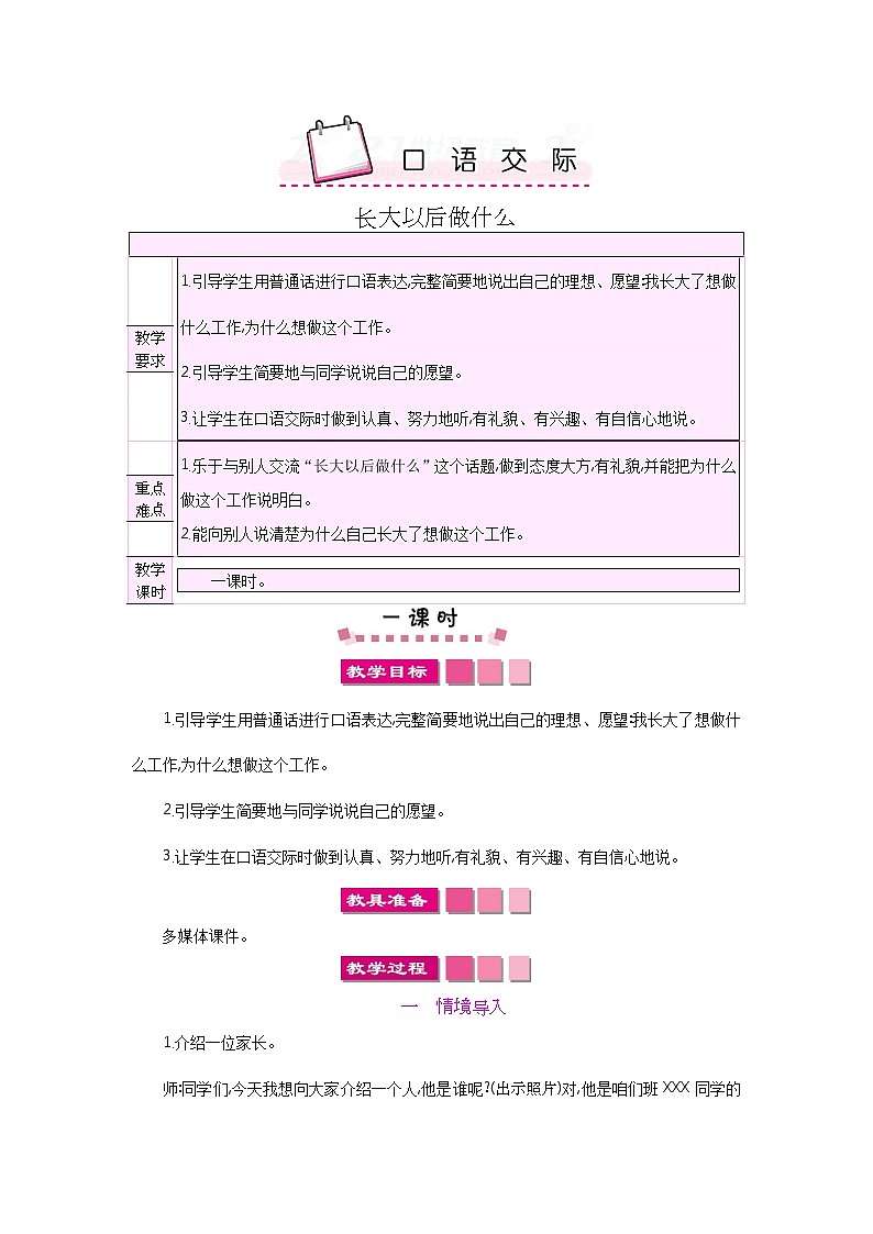 小学二年级下册语文课件小学二年级下册语文教案口语交际长大以后做什么教案第1页