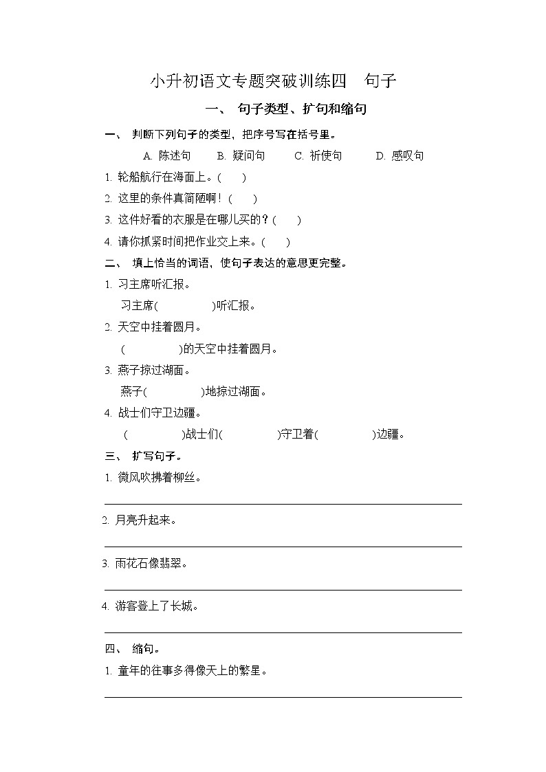 【考前专题突破】六年级下册语文试卷-小升初语文专题突破训练四  句子（无答案）-部编版第1页