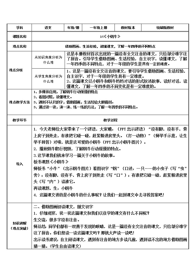 人教版（部编版）小学语文一年级上册 14 小蜗牛  教案第1页