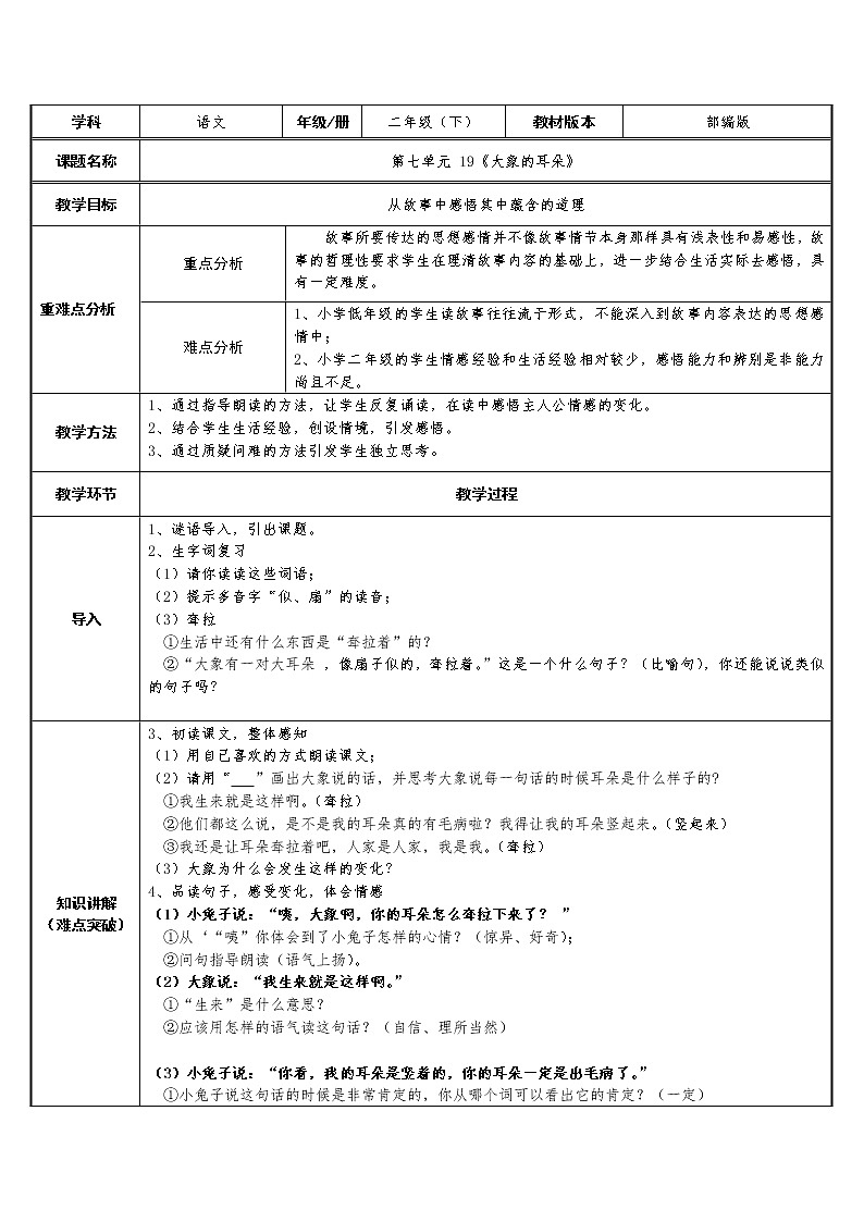 二年级语文下册教案-19 大象的耳朵21-部编版第1页