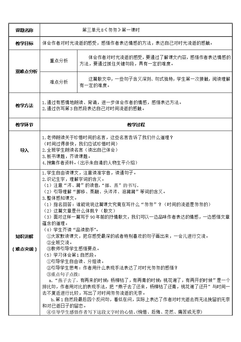 六年级语文下册教案-8.匆匆-部编版 (1)第1页