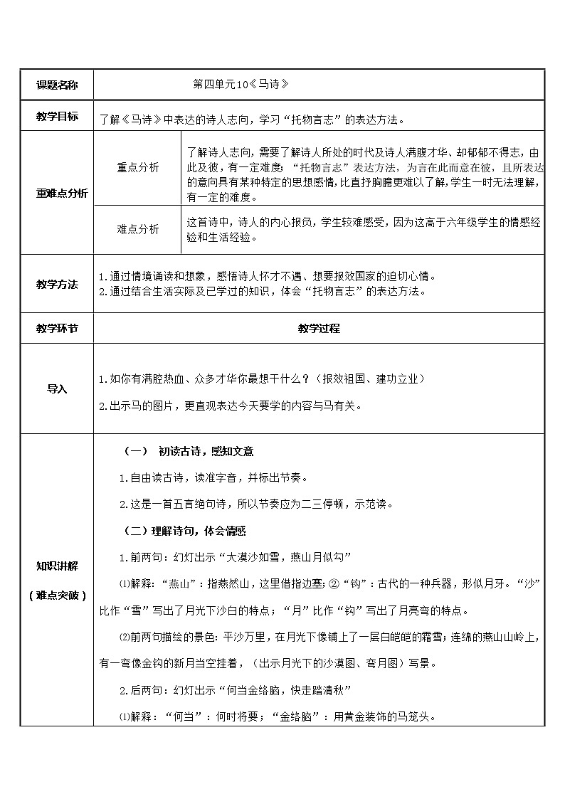 六年级语文下册教案-10.马诗  -部编版第1页