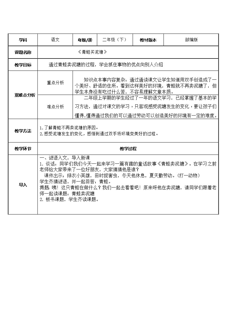 二年级语文下册教案-21 青蛙卖泥塘20-部编版第1页