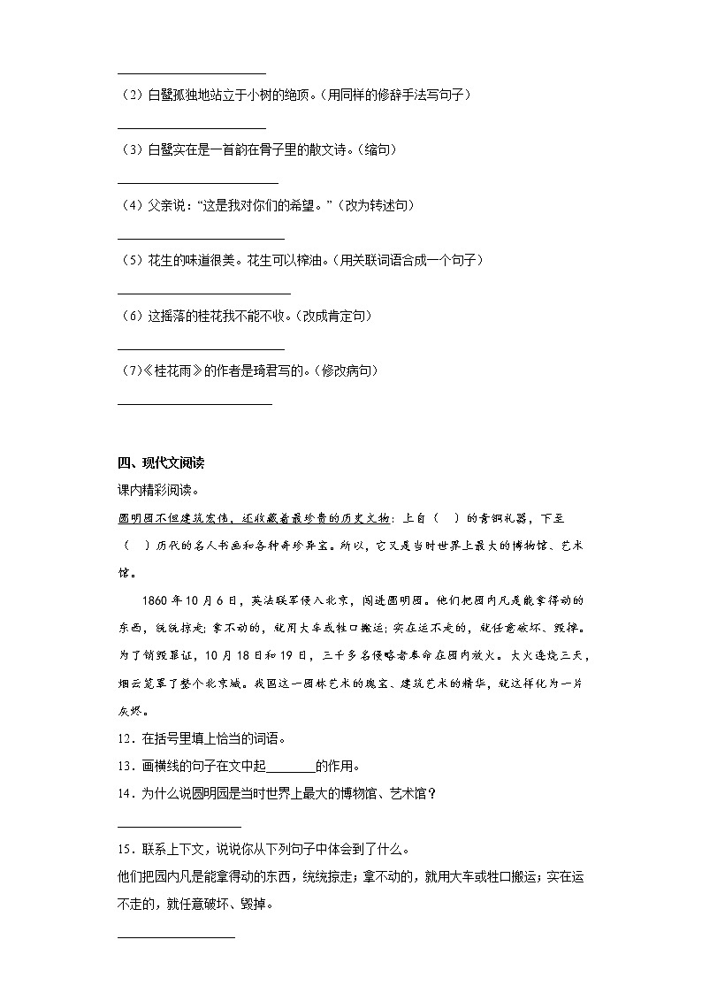 部编版语文五年级上册期中拔高复习（六） 试卷03