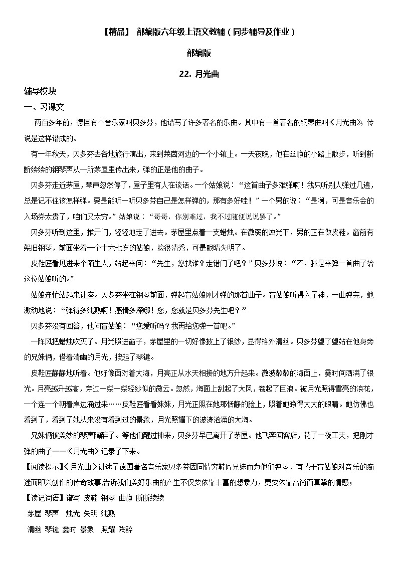 小学语文 22 月光曲六年级上册同步辅导及作业(人教部编版)01