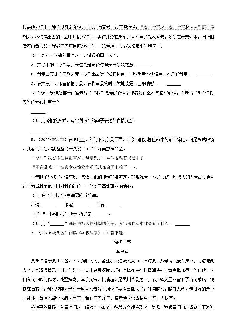 广东省湛江市三年（2020-2022）小升初语文卷真题分题型分层汇编-04现代文阅读03