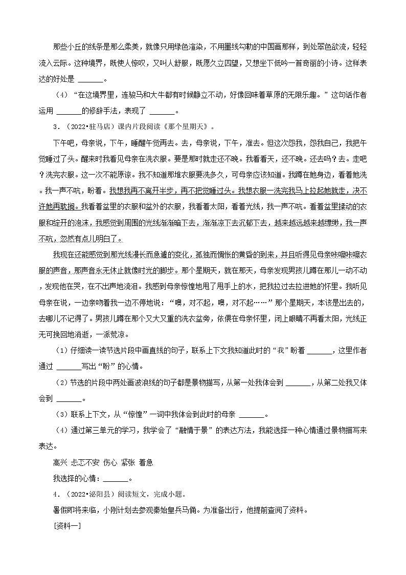 河南省驻马店市三年（2020-2022）小升初语文卷真题分题型分层汇编-05现代文阅读作文（语段阅读）&古诗文阅读02