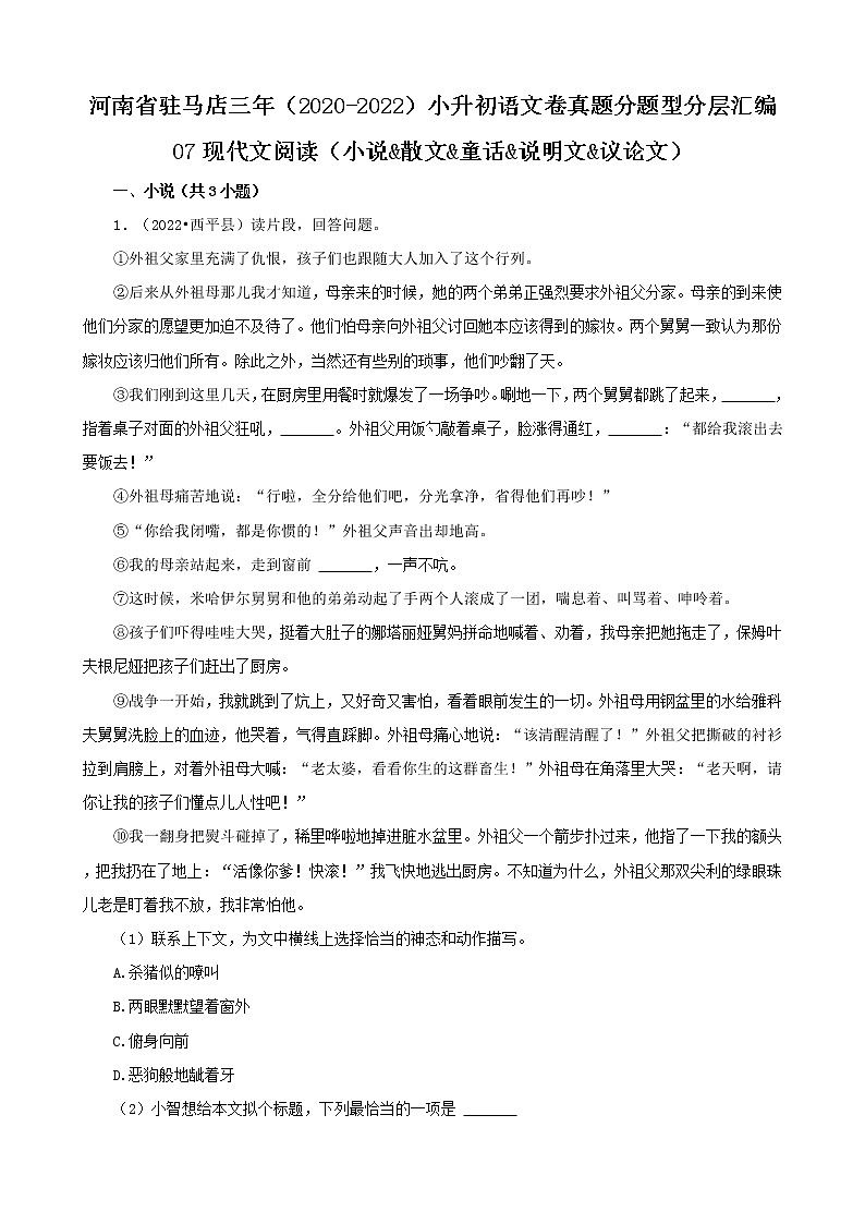 河南省驻马店市三年（2020-2022）小升初语文卷真题分题型分层汇编-07现代文阅读（小说&散文&童话&说明文&议论文）第1页