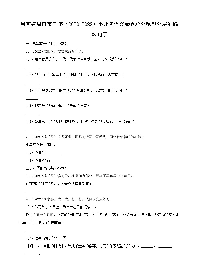 河南省周口市三年（2020-2022）小升初语文卷真题分题型分层汇编-03句子01