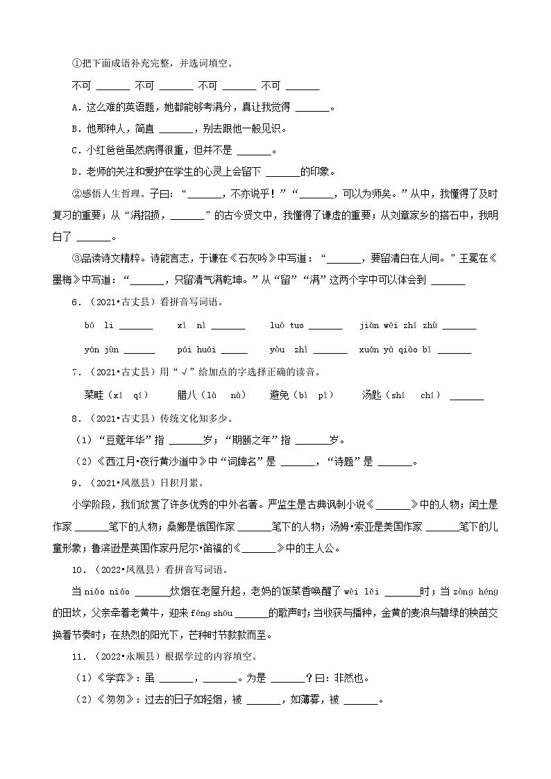 湖南省湘西州三年（2020-2022）小升初语文卷真题分题型分层汇编-02填空题02