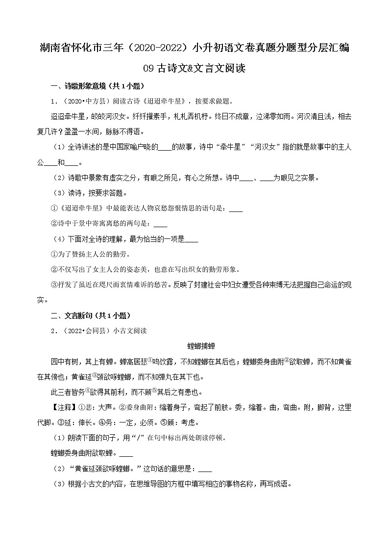 湖南省怀化市三年（2020-2022）小升初语文卷真题分题型分层汇编-09古诗文&文言文阅读01