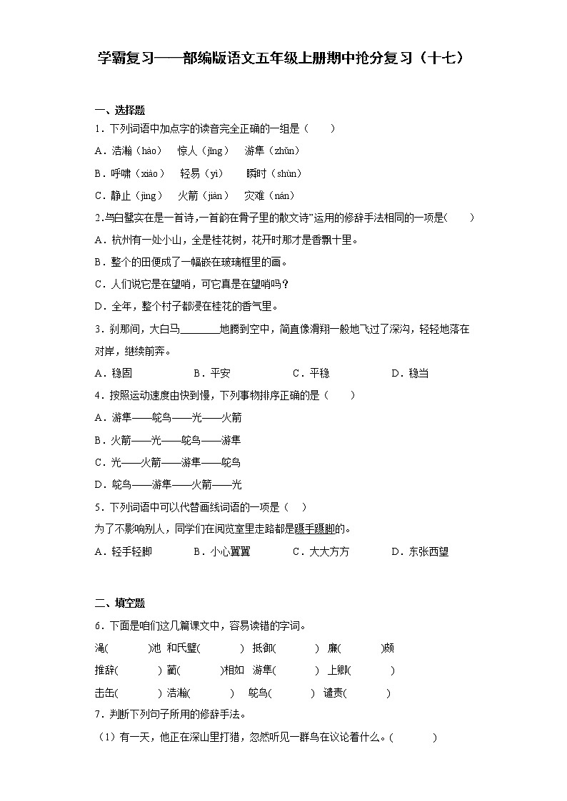 学霸复习——部编版语文五年级上册期中抢分复习（十七）第1页