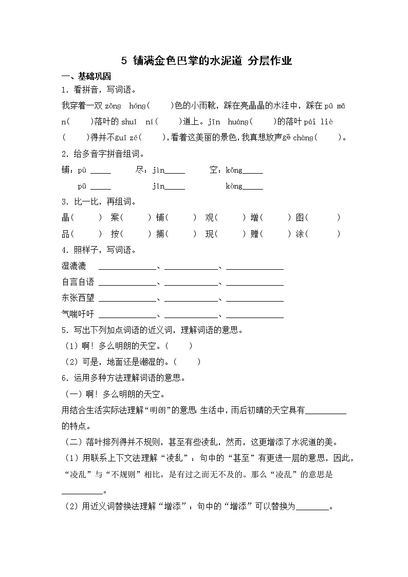 【同步分层作业】部编版小学语文三年级上册课时练《5 铺满金色巴掌的水泥道》（分层含答案）01