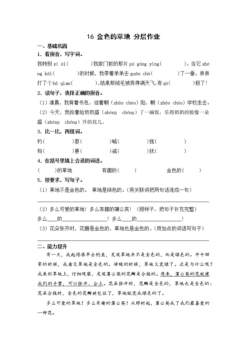 【同步分层作业】部编版小学语文三年级上册课时练《16 金色的草地》（分层含答案）01